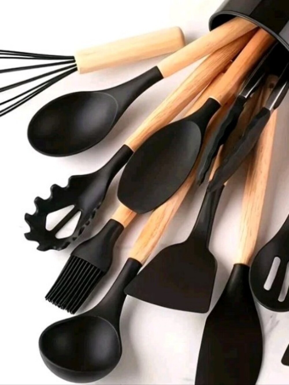 Wood-Handle Black Silicone Kitchen Utensil Set - 12-Piece